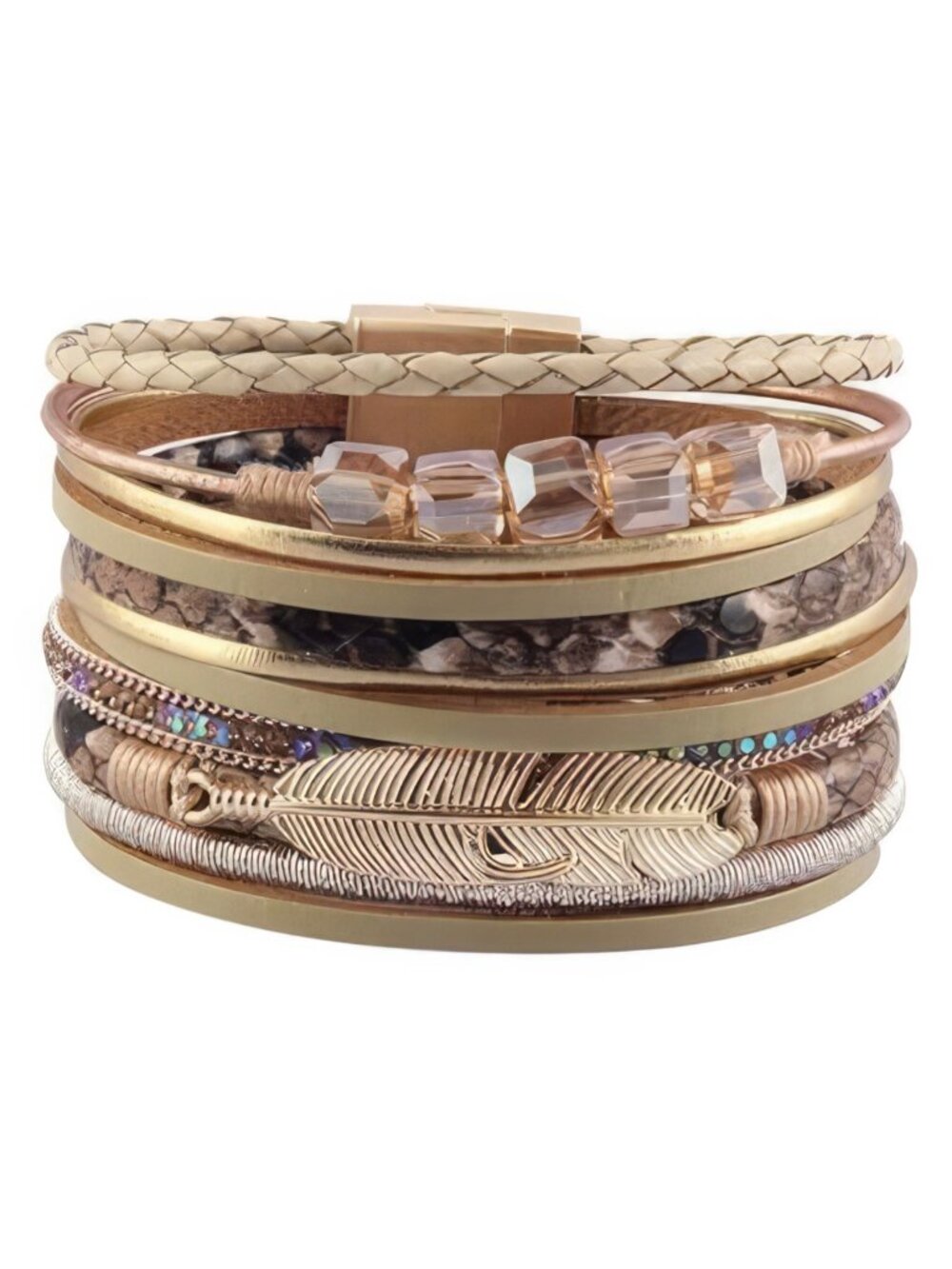 NWT Tan Brown Leather Gold Feather Beaded Boho Western Wrap Cuff Bangle Bracelet